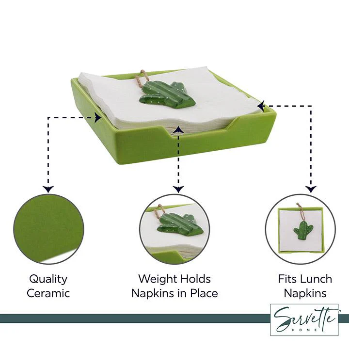 Green Ceramic Napkin Holder with Cactus Weight - Image 3
