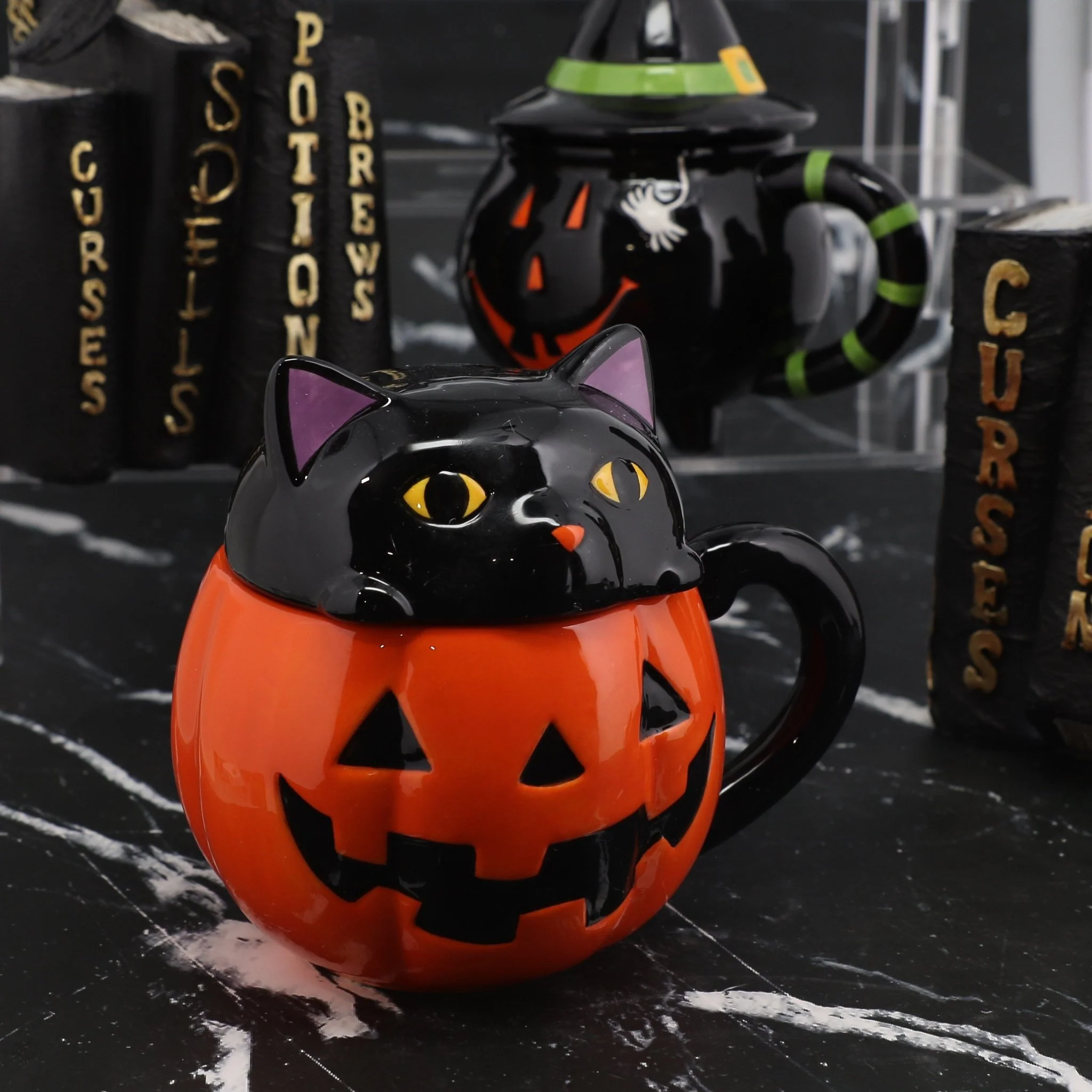 Halloween Mug with Lid - Orange Jack o' Lantern Pumpkin & Black Cat - Image 3