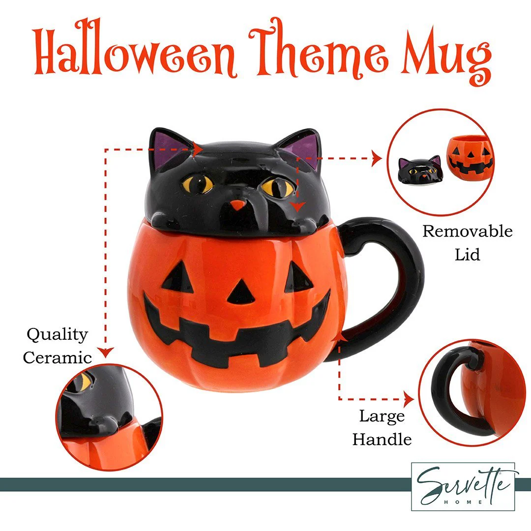 Halloween Mug with Lid - Orange Jack o' Lantern Pumpkin & Black Cat - Image 5
