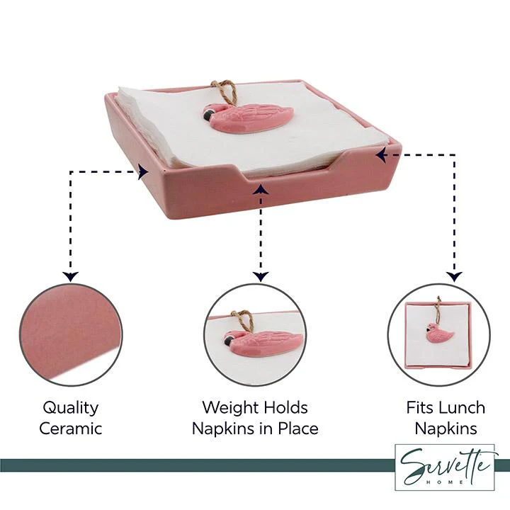 Pink Ceramic Napkin Holder with Flamingo Weight - Image 3