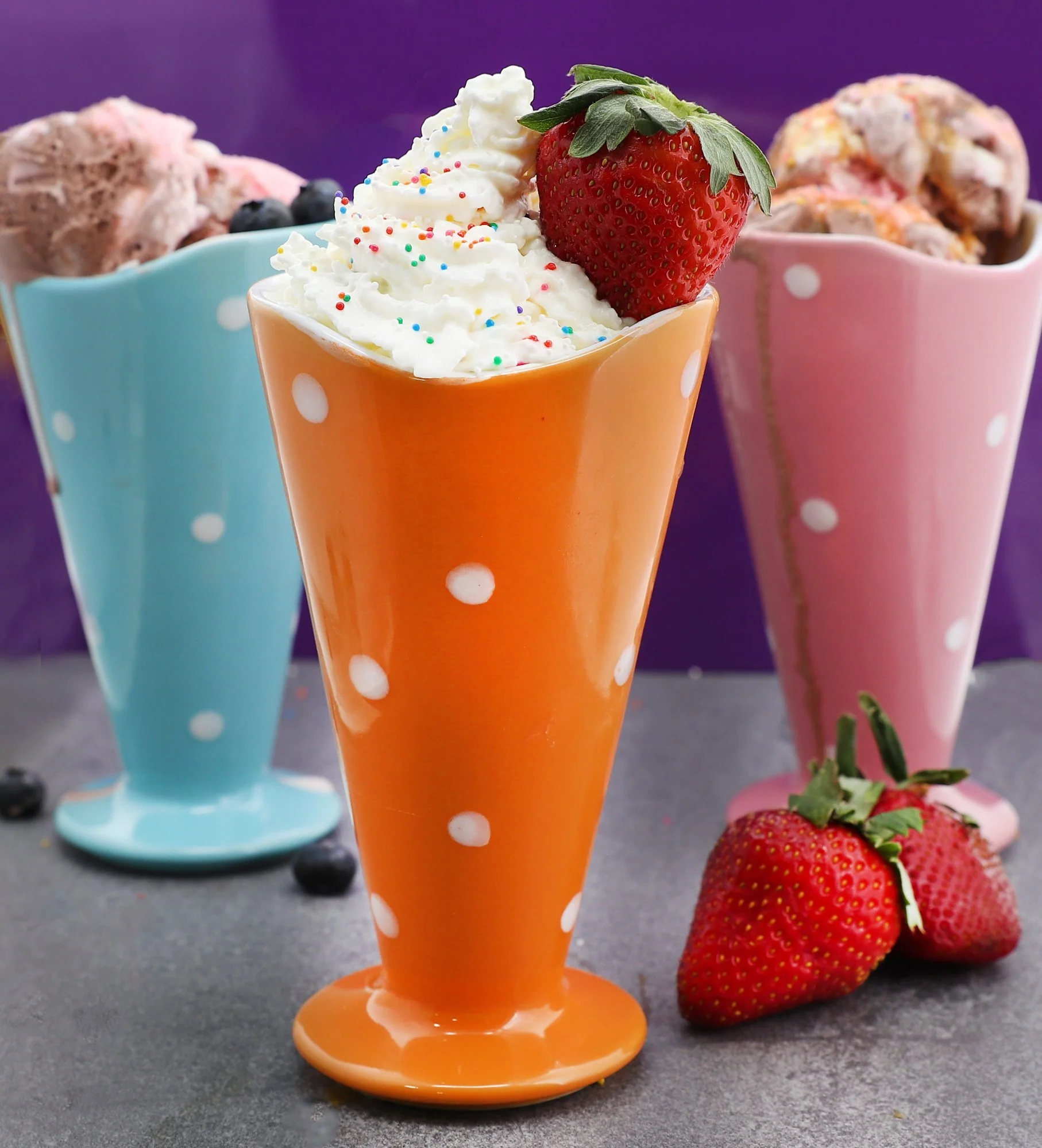 Pink & Orange Polka Dot Ceramic Sundae Ice Cream Cups Gift Set - Image 4
