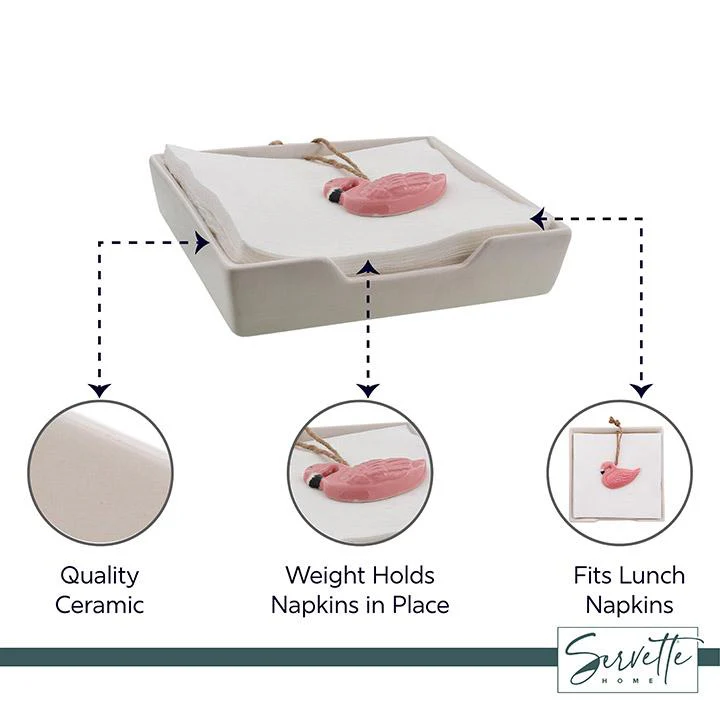 White Ceramic Napkin Holder with Flamingo Weight - Image 3
