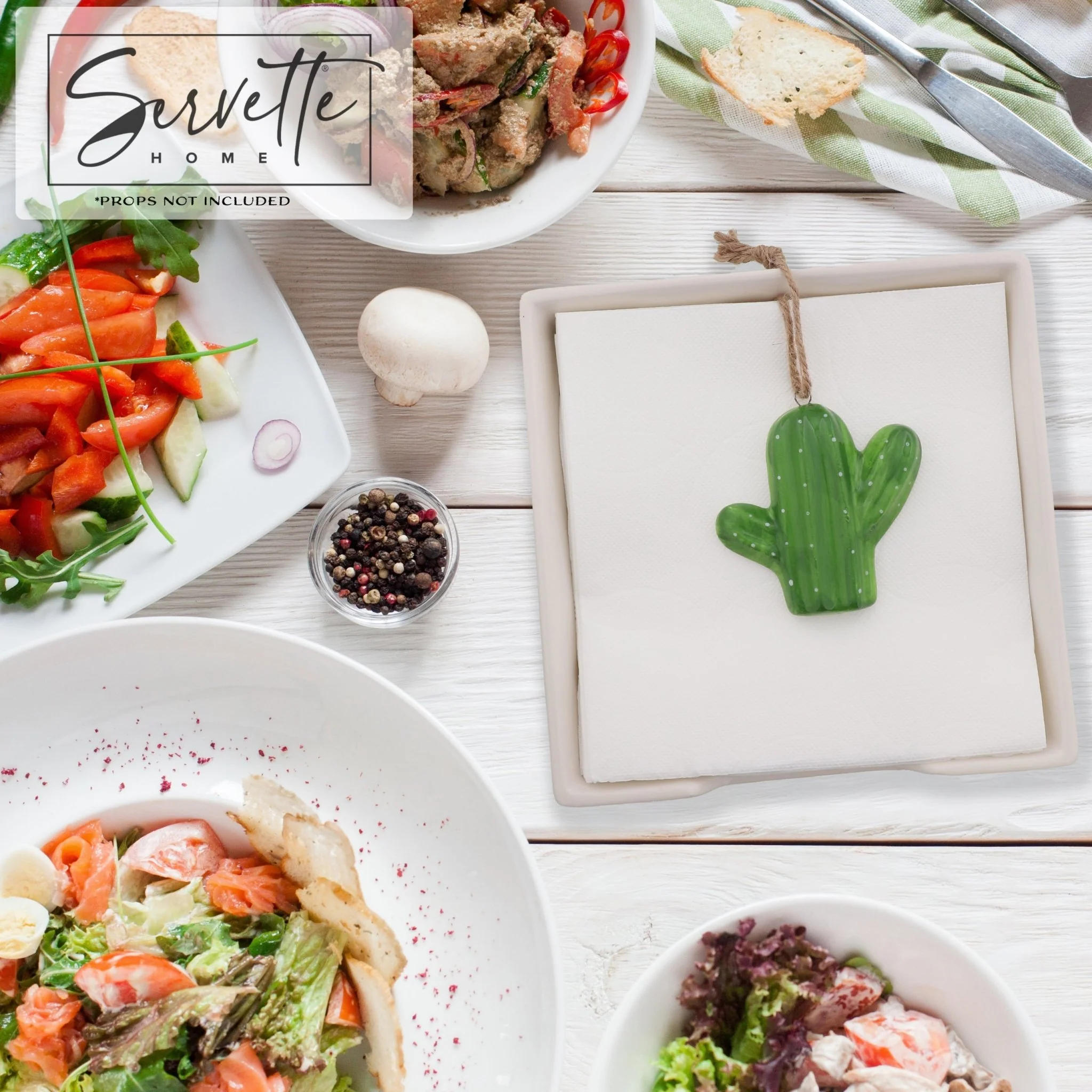 White Ceramic Napkin Holder with Cactus Weight - Image 6